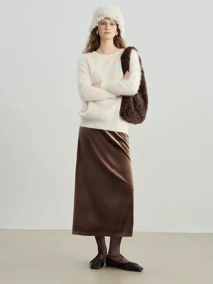 ZIQIAO Style français noir velours a-ligne jupe Midi pour les femmes 2025 automne hiver nouveau haut de gamme sens ourlet Long Semi-jupe élégante