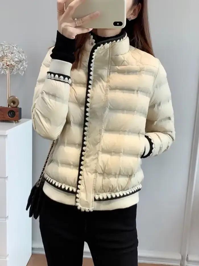 Manteau en duvet de canard blanc pour femme, veste en dentelle avec fermeture éclair, parka de neige chaude, vêtements d'extérieur européens, hiver, 90