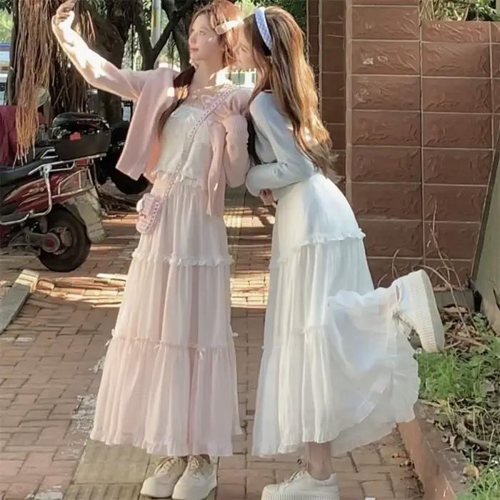 Jupes douces femmes nœud dentelle Patchwork élastique taille haute printemps été 2025 mode japonaise élégante jupe longue femme décontracté