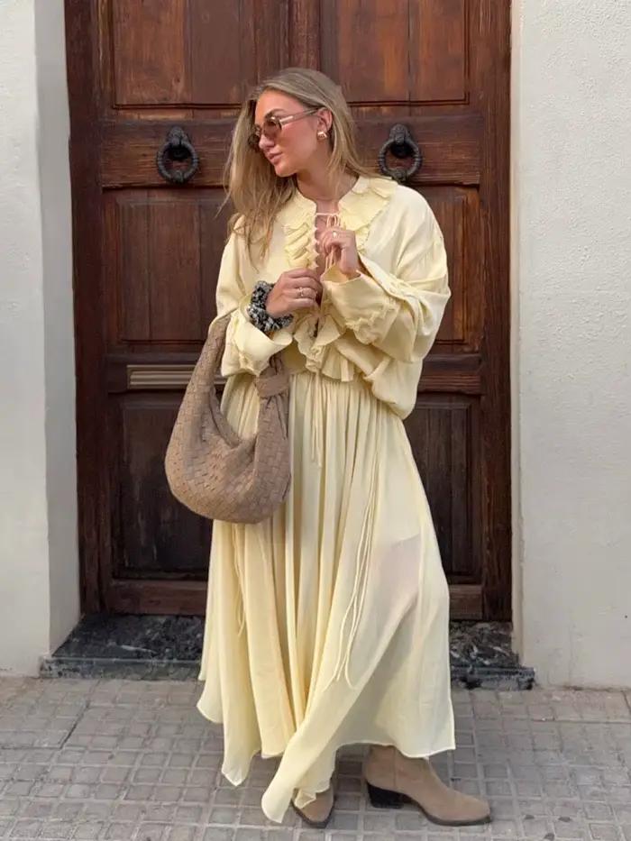 HH femmes élégant jupe costume solide manches longues dentelle chemise ample + fermeture éclair plissée tirer corde
