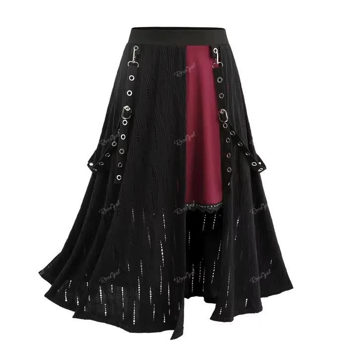 Jupe grandes tailles haute élasticité polyester et élasthanne avec rivets, dentelle et découpes pour femmes décontractées printemps été