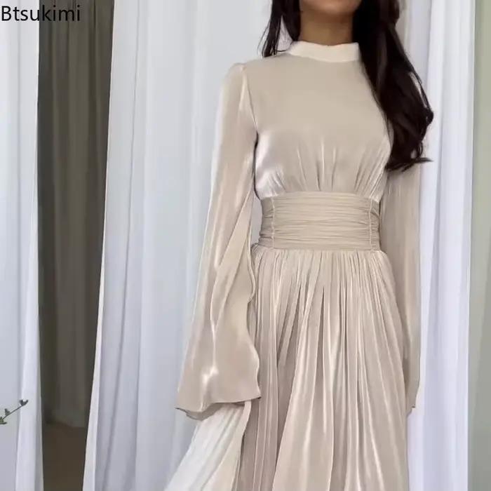 Robe longue plissée taille haute tendance pour femme, robe de soirée unie à lacets, style français, élégante, col rond, pour banquets et fêtes
