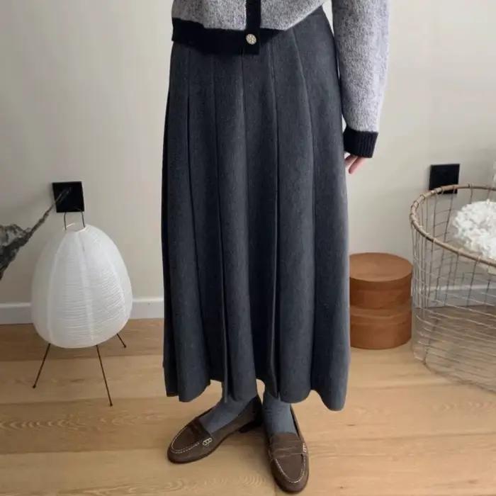 Jupe en laine grise femme Vintage plissée a-ligne automne hiver pull parapluie