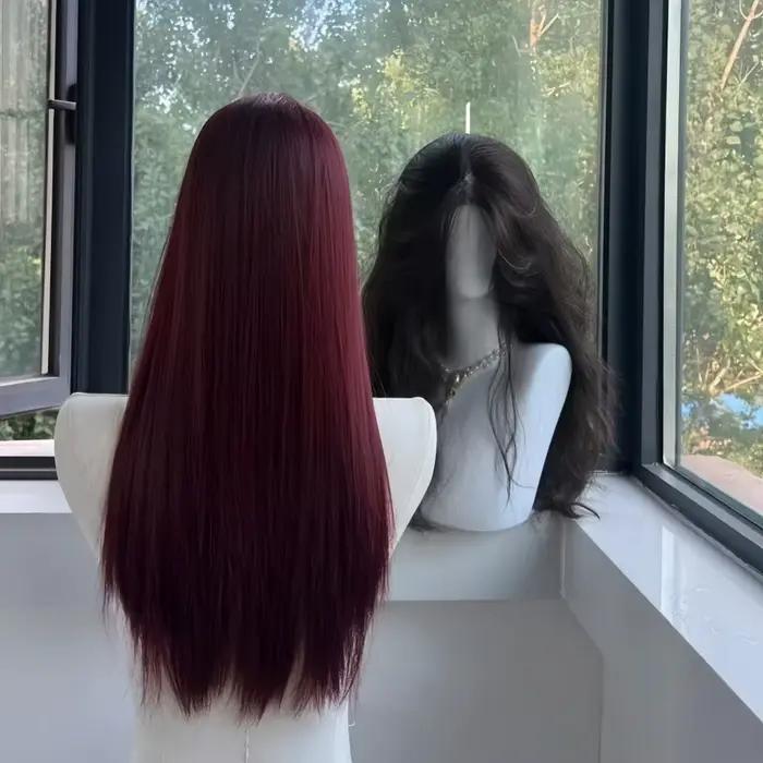 Perruque noire pour femmes, cheveux longs et lisses, bandeau, perruque Lace Front Wig, tempérament Cosplay pour usage quotidien, perruques synthétiques noires Lolita