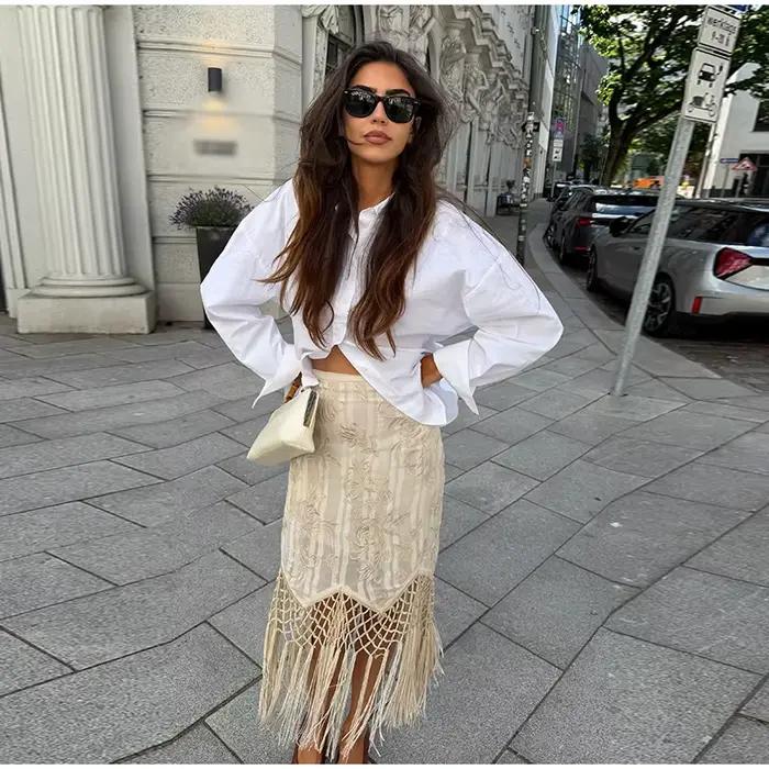 Jupe longue maxi décontractée pour femme avec broderies et pompons, taille haute, coupe ample, nouvelle collection 2026 pour les fêtes et le quotidien