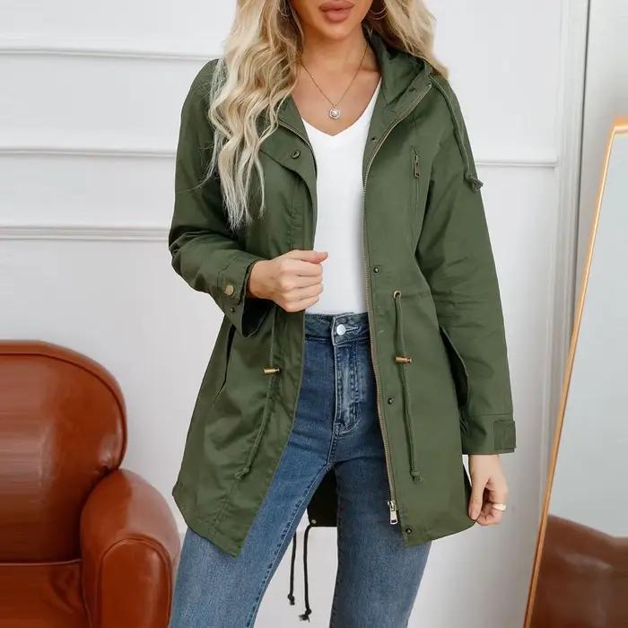 Trench-Coat à capuche pour femme, veste ajustée de couleur unie, pour le Camping quotidien en plein air et la randonnée, printemps-automne
