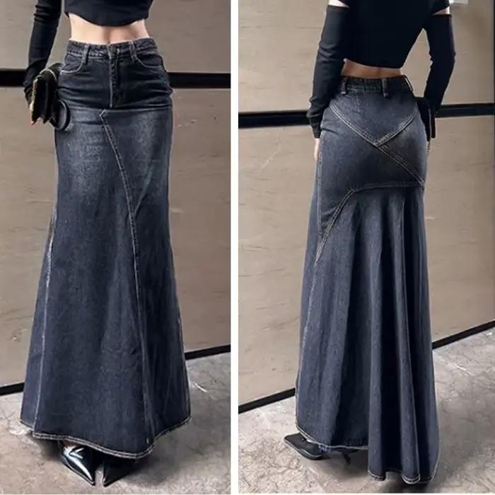 Maxi jupe femmes décontracté sirène Streatwear taille haute fermeture éclair Denim jupes Y2k Streetwear ample longue maman jean cheville longueur été
