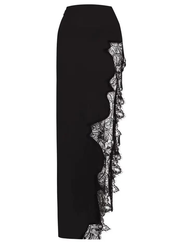 Femmes soie Satin demi-glissement jupes longues dentelle garniture asymétrique Maxi jupe élégante soyeuse fluide une