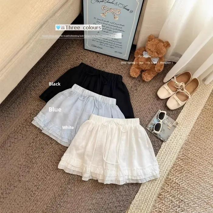 Jupe courte trapèze style doux avec ceinture et dentelle pour femme