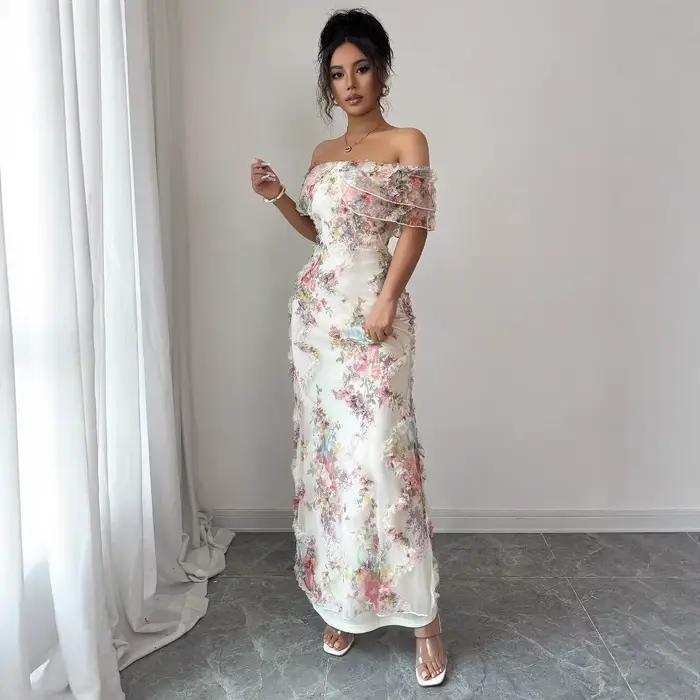 Robes pour femmes robe à volants élégante et romantique dames Sexy épaules dénudées ajustée maille robe florale robe de soirée pour femme