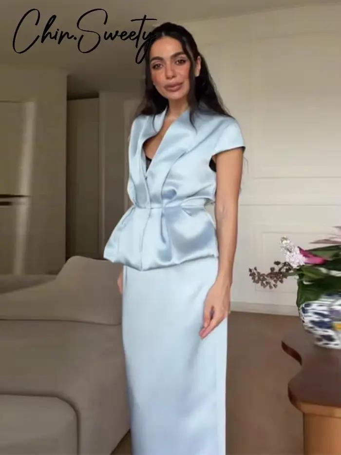 Nouvel ensemble jupe et blazer urbain pour femme : haut plissé sans manches à col en V