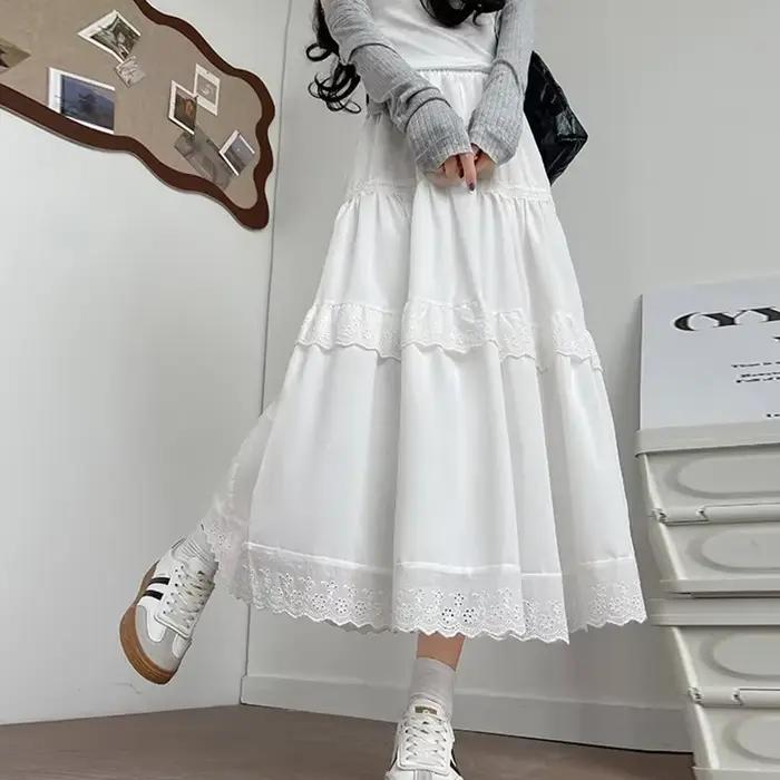 Jupe plissée en dentelle blanche coréenne pour femmes, taille haute, Patchwork de gâteau, jupes longues, Chic, ample, ligne A, été, 2025