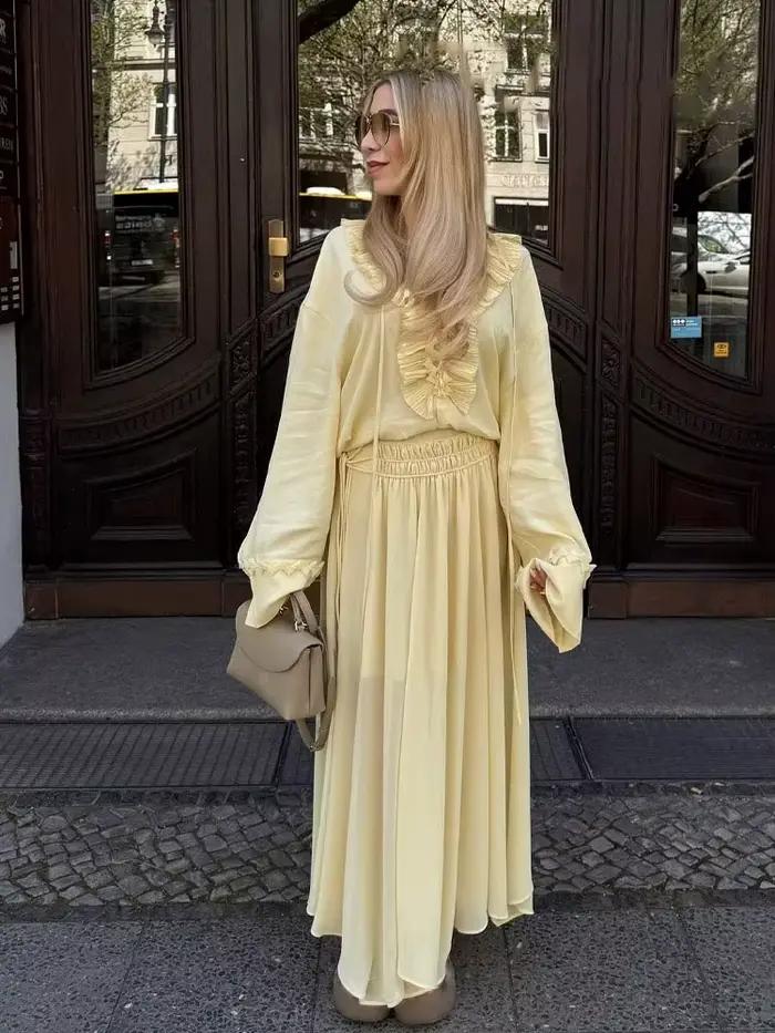 HH femmes élégant jupe costume solide manches longues dentelle chemise ample + fermeture éclair plissée tirer corde
