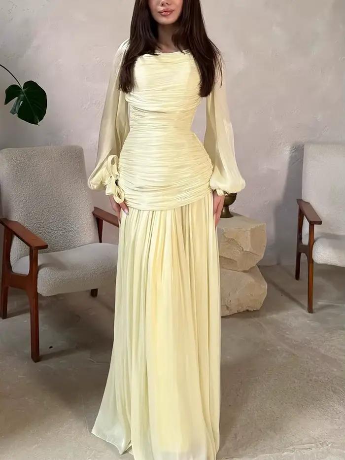 Robe longue unie drapée pour femme, collection 2026, décontractée, pour le quotidien, avec taille ajustée, élégante, col rond, manches longues, pour soirée
