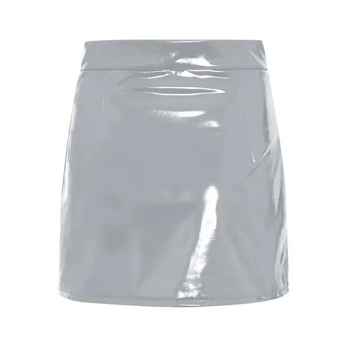Jupe mini trapèze taille haute pour femme en similicuir effet mouillé avec fente