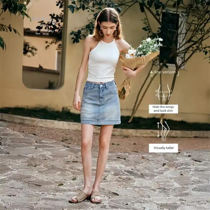 Jupe Courte en Jean Bleu Marine OLrain pour Femme, Collection Été 2026, Style Gyaru, Taille Haute, Coupe Trapèze avec Poches, Vêtements Féminins O57XB99901