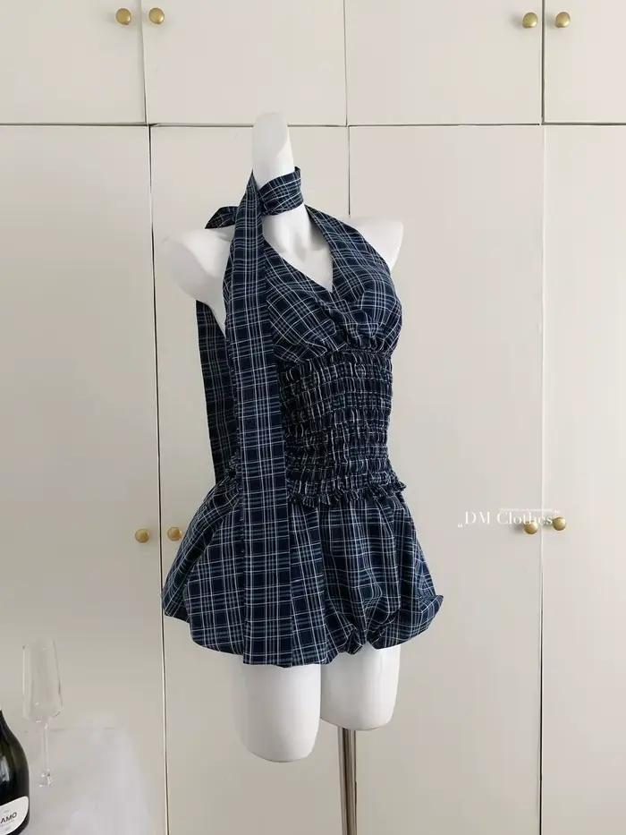 Rétro bleu marine haut à carreaux jupe courte costume femmes été Internet célébrité rue américaine douce fille chaude
