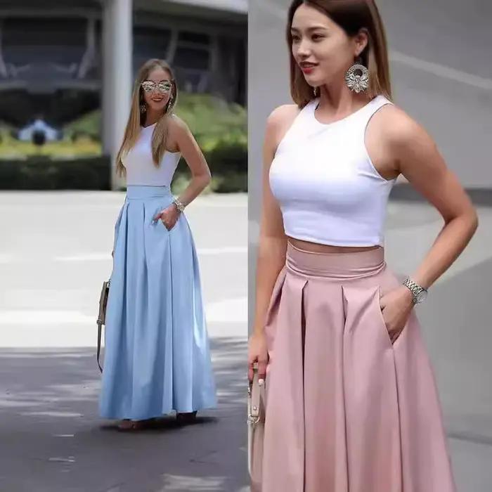 Jupes longues pour femmes printemps été taille haute couleur unie jupe longue