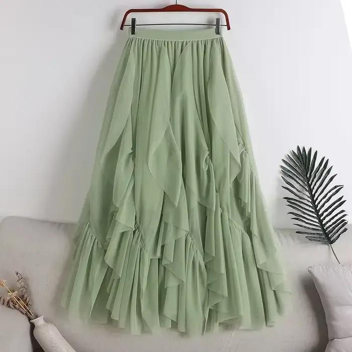 Nouvelle Collection Printemps 2025 – Jupe Mi-Longue Asymétrique Évasée en Maille Double Couche pour Femme – Tendance et Polyvalente