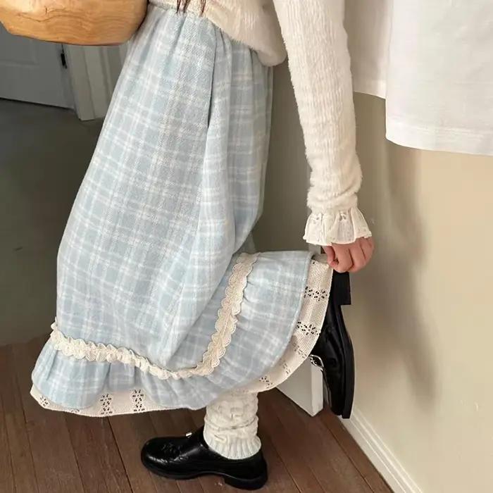 Japonais doux jupe longue femmes automne hiver bleu Plaid Vintage Preppy Patchwork jupes taille haute une ligne ample