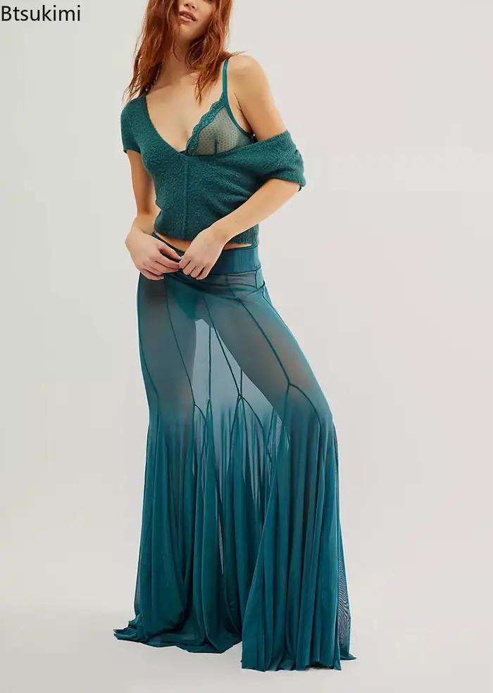 Nouvelles Jupes Longues Sexy en Maille Transparente pour Femmes 2026 – Taille Haute Élastique