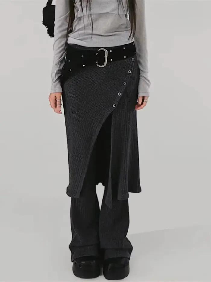 2025 bas femmes mode rue Design fil tricoté boucle décontractée cravate fendue demi-corps jupe pantalon deux pièces