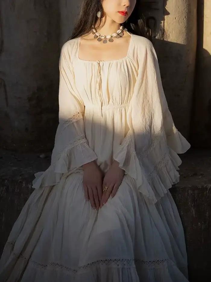 Vintage médiéval Cottagecore robe femme rétro Style français dentelle manches évasées volants longues robes Maxi pour les vacances