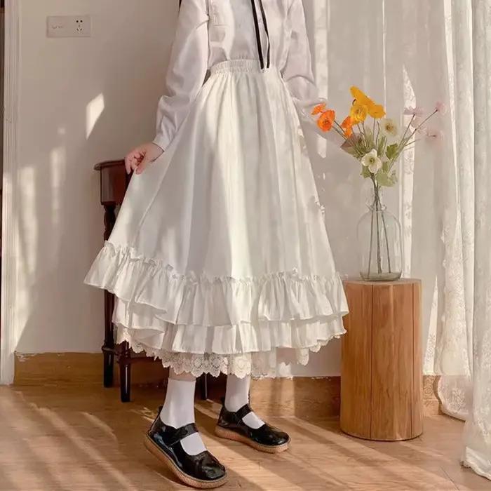 Mode douce jupe Midi femmes dentelle Patchwork nœud Preppy automne jupes décontractées amples japonaises à volants
