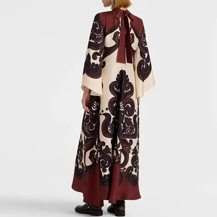 Robe longue à lacets pour femmes, motif ethnique musulman imprimé, Vintage, Sexy, col en V, manches 3/4, ample, robe de soirée Maxi, printemps automne