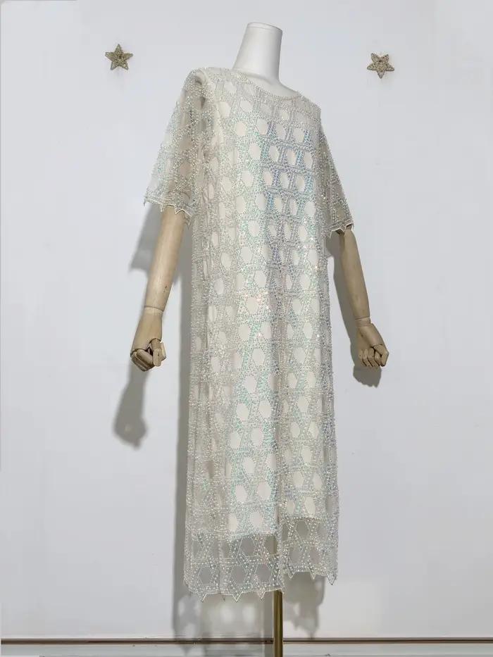Glamour irisé femmes nouvelle paillettes perle perlée motif géométrique scintillant embelli col rond manches courtes maille robe mi-longue