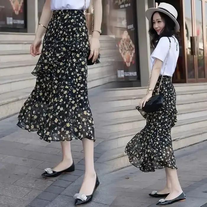 Jupe mi-longue en mousseline de soie pour femmes