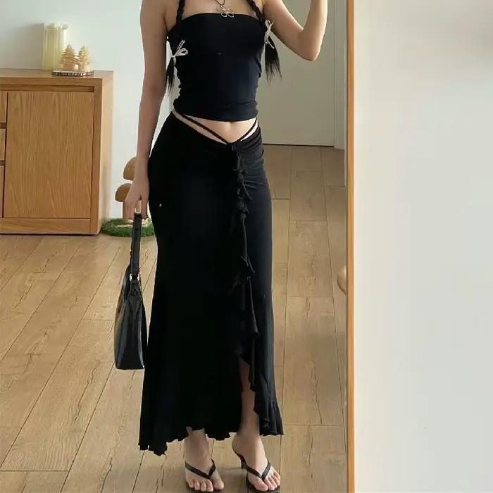 Jupe plissée mi-longue taille basse pour femme