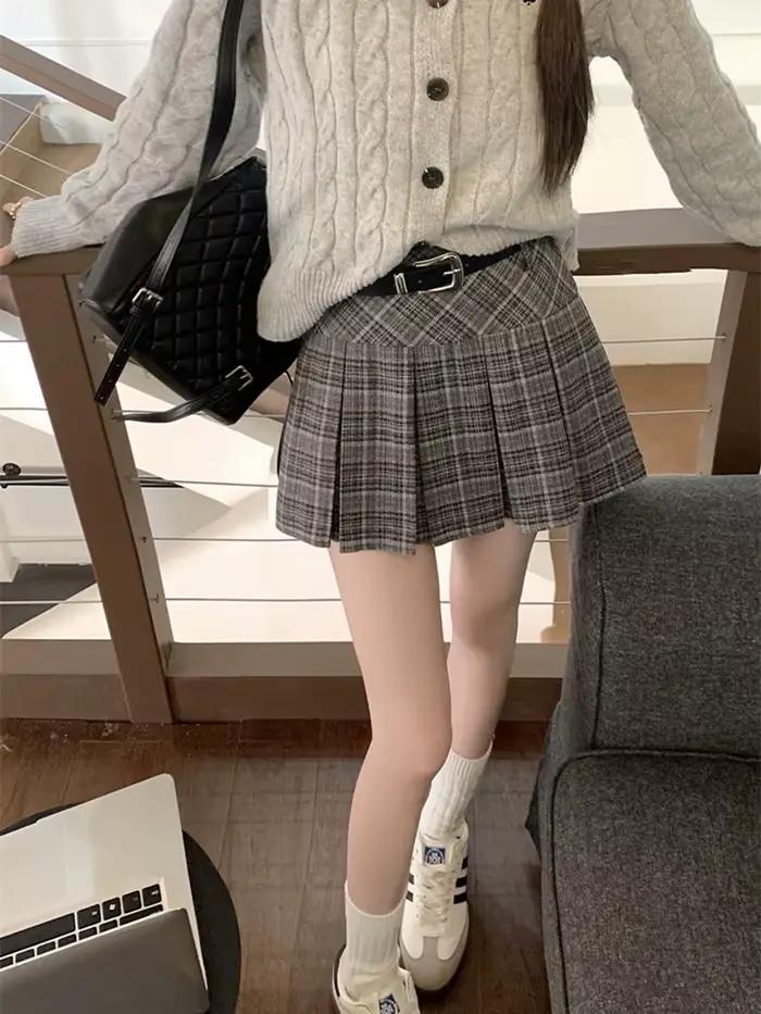 Style coréen hiver laine Kawaii Mini jupes femmes mode Y2K Streetwear Tartan plissé jupe à carreaux taille haute a-ligne