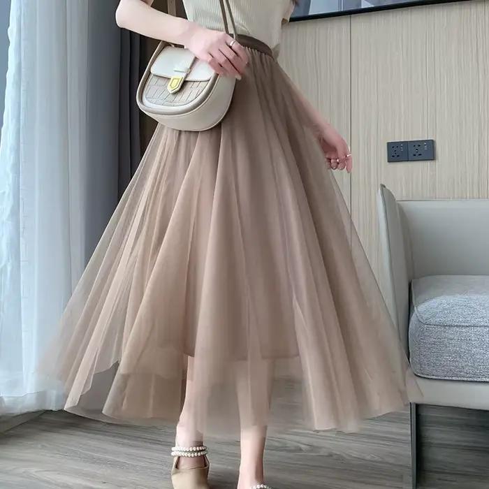 Midi Tulle gaze jupe nouvelle mode féminine taille haute mi-longue