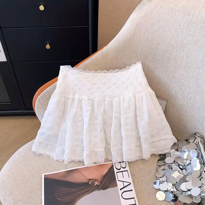 Jupe mini à volants avec bordure en dentelle polyester pour femmes adolescentes style hotsweet y2k goth occassions printemps été