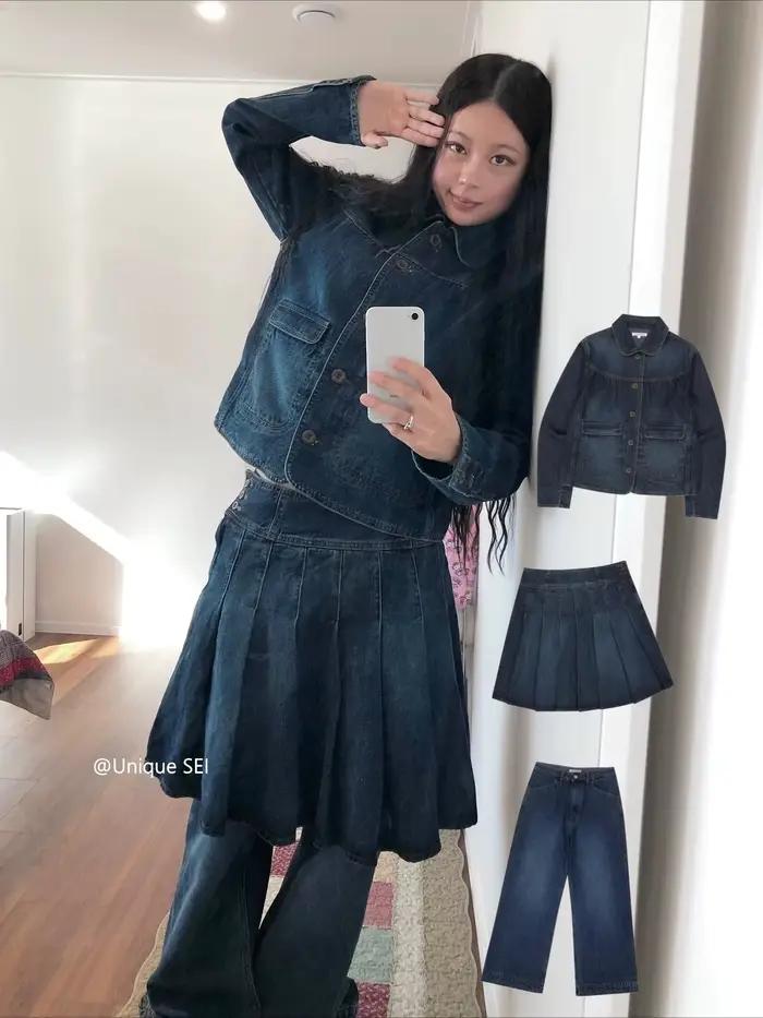 Veste en jean à col rabattu délavé, Vintage coréen, jupe plissée + pantalons décontractés, ensembles 3 pièces, tenues pour femmes, costumes de styliste Y2k