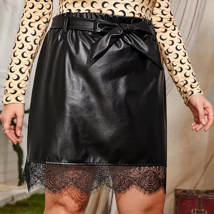 Grande taille taille élastique printemps automne élégant jupe en cuir Pu femmes dentelle garniture cravate taille noir jupe droite grande taille jupe