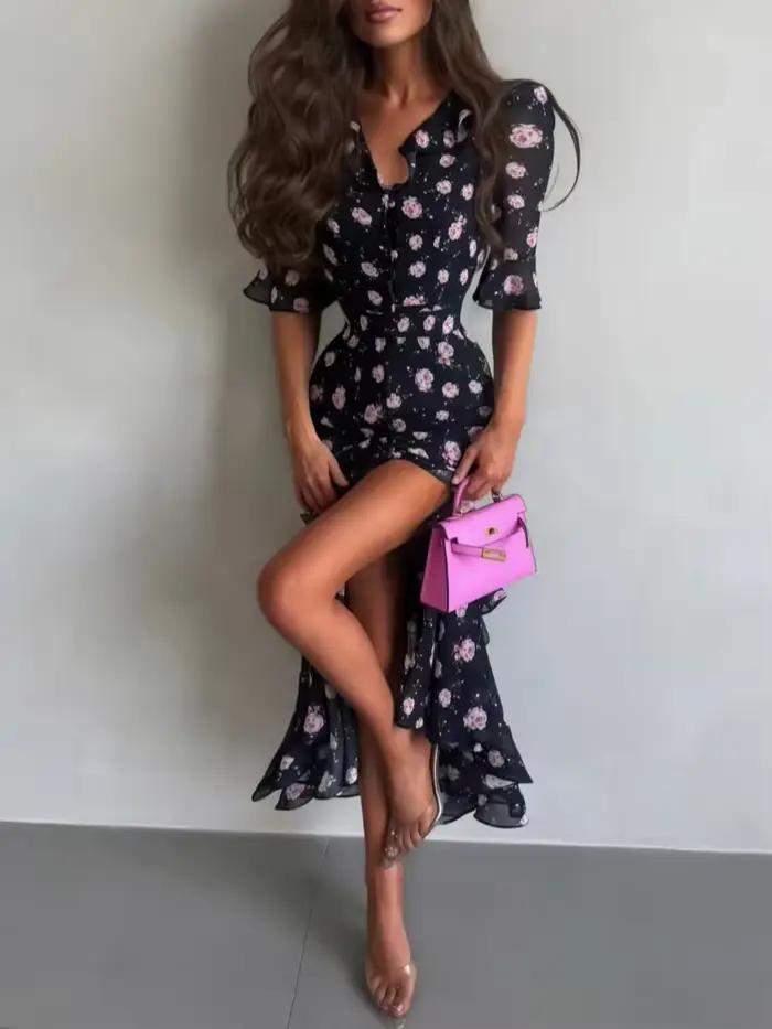 Robe longue élégante à imprimé floral pour femme, col en V, taille haute, en mousseline de soie, avec volants et fente, Vestidos 2026, Robes de soirée et de tous les jours pour femme