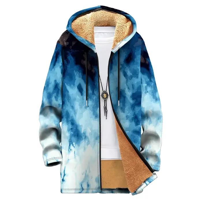 Parka longue d'hiver imprimée, manteaux Cardigan doublés en polaire, couleurs tendance, dégradé, veste à capuche, vêtements d'extérieur chauds, surdimensionnés pour hommes et femmes
