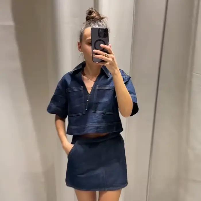 Ensemble chemise et jupe en jean pour femmes, 2 pièces, avec chemises à manches courtes, Mini jupes asymétriques pliables, tenues Streetwear d'été pour dames, 2025