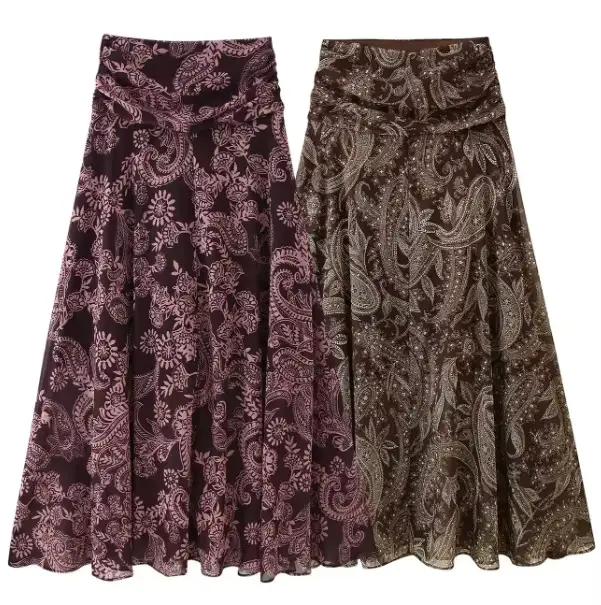 Jupe évasée imprimée à la mode pour femmes, jupe taille haute à imprimé Paisley, jupe longue fluide, style bohème décontracté pour femmes PVCK
