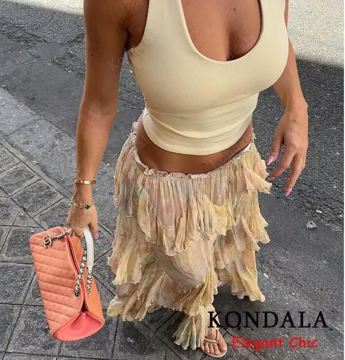 KONDALA femmes élégant Hippie jupe dégradé imprimé à plusieurs niveaux à volants jupes longues 2025 vacances d'été haute rue Boho dame jupes
