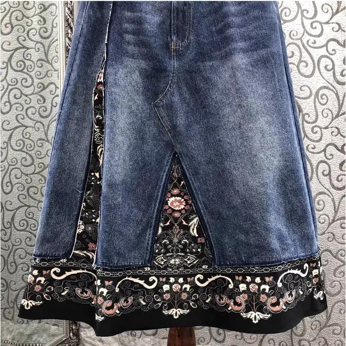 Top qualité nouvelle jupe en jean 2025 automne hiver Design dame Vintage imprimé fleuri Patchwork mi-mollet longueur