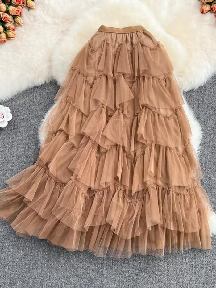 Tutu Tulle jupes longues femmes 2024 printemps coréen solide une ligne taille haute maille à plusieurs niveaux Maxi jupe femme Faldas esthétique