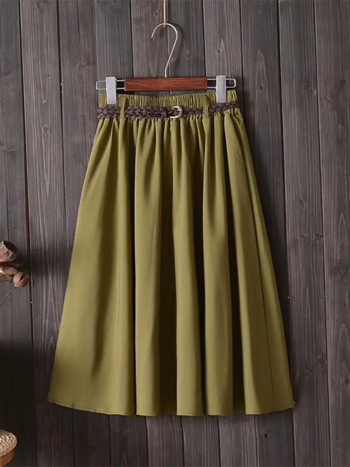 Midi genou longueur jupe d'été femmes avec ceinture mode coréenne dames taille haute plissée a-ligne