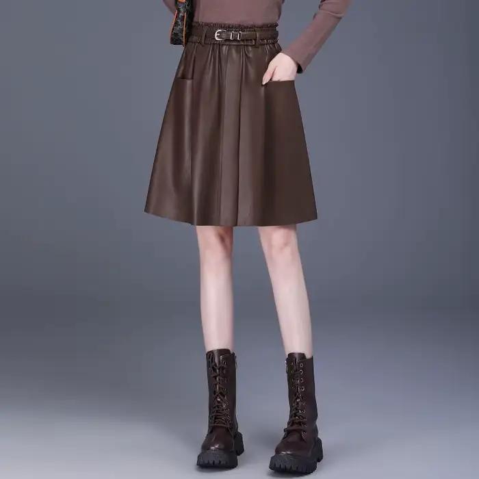 Jupe trapèze taille haute en cuir PU pour femme
