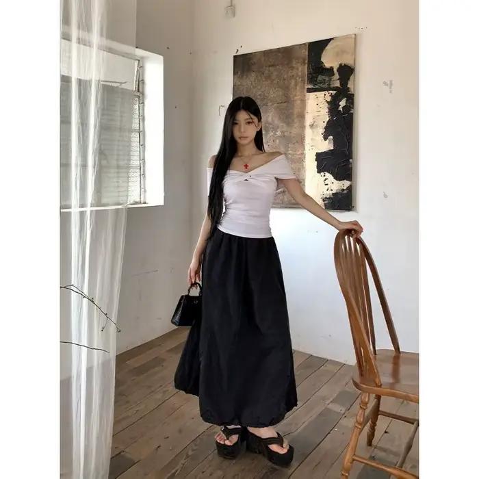 Jupe longue trapèze taille haute style Hepburn pour femme