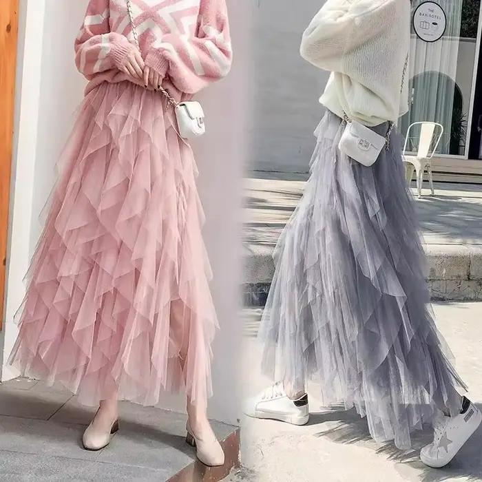 Tutu Tulle longue Maxi jupe femmes mode coréenne mignon rose taille haute