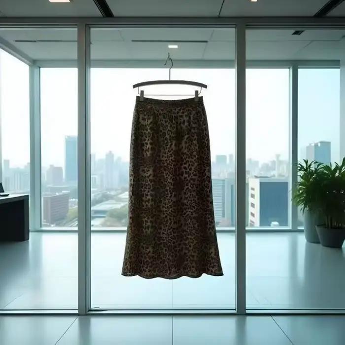 Jupe longue mi-mollet élégante en satin à imprimé léopard taille haute pour femme