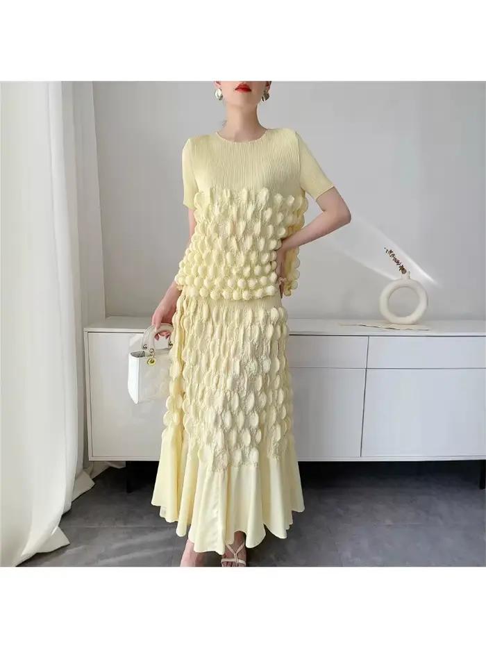 Ensemble Miyake Jupe à Bulles Pliée à la Main Haut à Manches Courtes Style Bohème Nouvelle Collection Printemps Été 2025 Occasions Spéciales Femmes